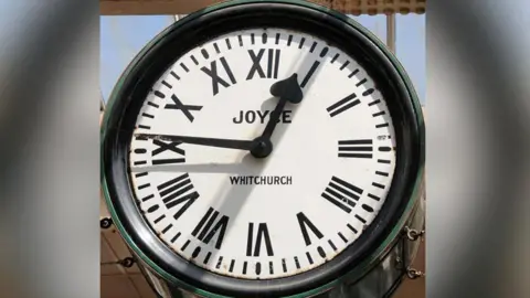 Network Rail handout The clock at Carnforth railway station which featured in the classic 1945 film Brief Encounter. It has its maker Joyle Whitchurch's name on the white clock face with the clock hands at 12:46.