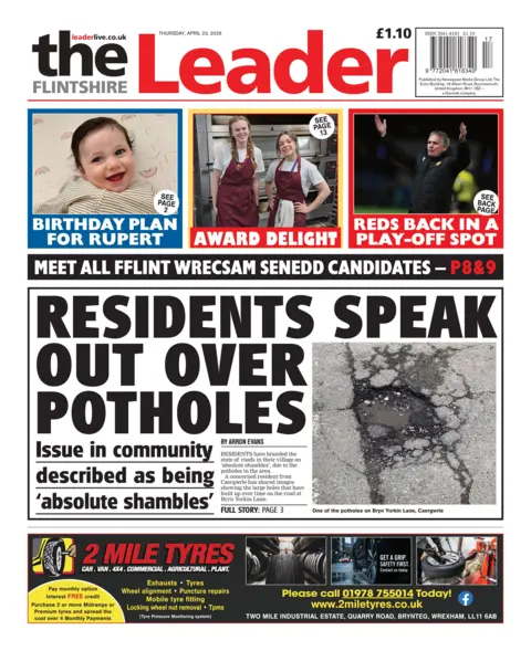 The Flintshire Leader The front page of The Flintshire Leader. The main headline reads: residents speak out over potholes