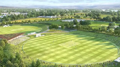 Lancashire County Cricket Image is an aerial artist's impression of the new Lancashire County Cricket ground. The pitch is surrounded by spectators, with trees bordering the perimeter. There is also a steeped terrace area at the left-hand side of the photo. 