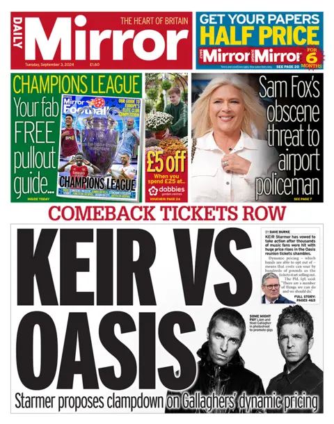 The headline in the Mirror reads: "Comeback tickets row: Keir vs Oasis". 