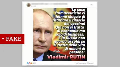 Fake quote attributed to President Putin in Italian saying: "Pharmaceutical companies have asked us to delay the release of the vaccine! It's not about economics. Russia does not think about money when it comes to the lives of millions of people"