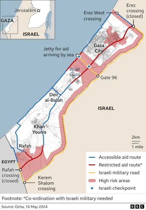 Map showing access restrictions in the Gaza Strip (May 16, 2024)