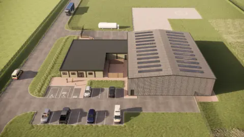 LNAA An artist's impression of a new air ambulance base from a bird's eye point of view, showing a one-storey building with an adjoining car park and an aircraft hangar