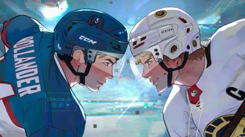 Chicca Art/@chicca_art A fan drawing of Shane and Ilya from Heated Rivalry facing off in their hockey gear. Shane is on the left wearing a blue jersey and helmet and Ilya is on the left wearing a white jersey and helmet.