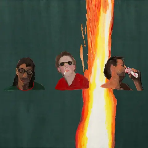 Epitaph Records Artwork for MJ Lenderman's album, Manning Fireworks. Three figures (presumably men ) in painted form against a green background and what looks like a flame or fire in the background