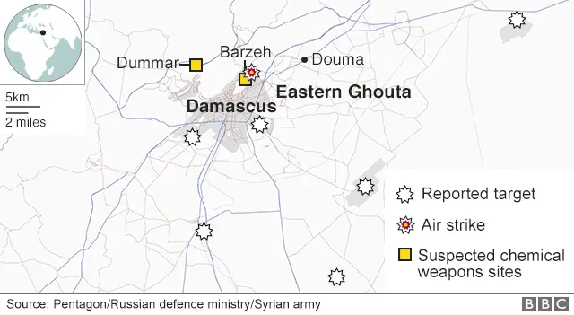 Map showing where strikes are reported to have hit Syria on 14 April 2018