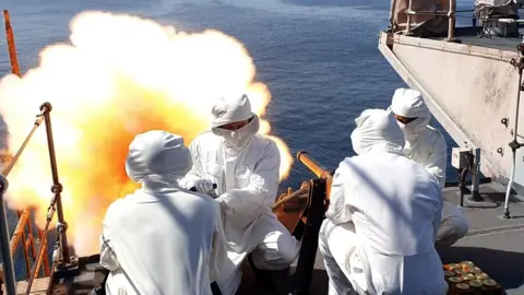 Jay Allen/Ministry of Defence Crew aboard HMS Montrose fired a 41-round gun salute to the duke, in Duqm, Oman