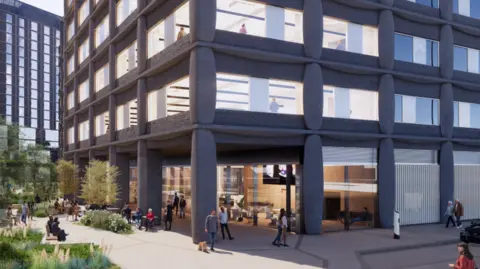 Zaha Hadid Architects A computer generated image showing a tall multi-storey building with offices on each floor. There are people walking around outside and sat down near grassy areas.