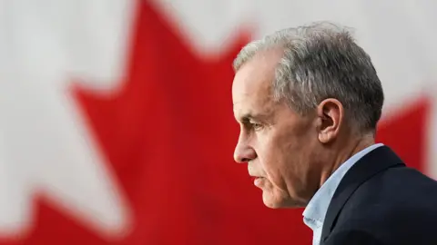 Mark Carney seen from the side, with the Canadian flag in the background