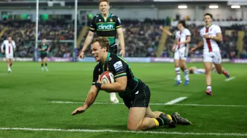 Tom Litchfield scores Northampton's third try shortly before half-time