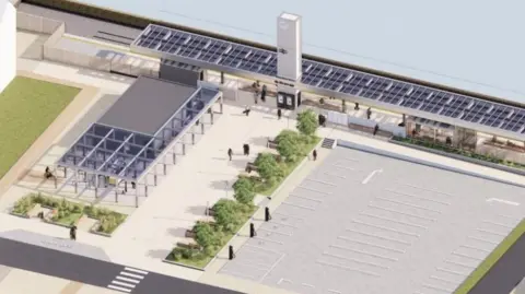 7N Architects A computer-generated aerial view of how the new Stranraer station might look with a clock tower, parking and wide walkway