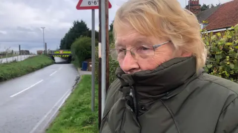 John Devine/BBC Pam Boss standing by the side of the road. A house roof can be seen behind her and beyond her can be seen a road leading downhill to a railway bridge marked low bridge in yellow. She has fair, short hair, is wearing glasses and has pulled her brown jacket up to cover her mouth