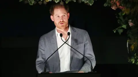 Getty Images Prince Harry makes a speech in January 2020 about his plans to step down from his royal life