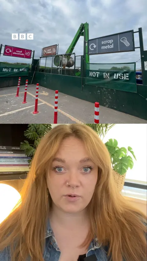 Half the image is a woman talking and the other half is a recycling centre. 