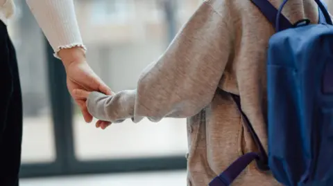A stock shot of a young boy holding a woman's hand.