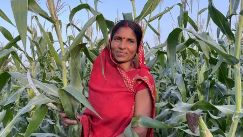 Divya Arya/BBC Usha Devi at her small farm in Bihar