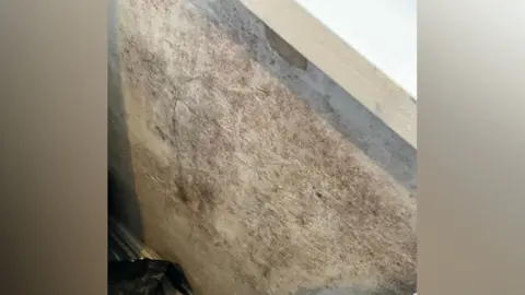 A mouldy damp wall under a windowsill. There are large patches of black mould and part of the wall is in poor condition. 
