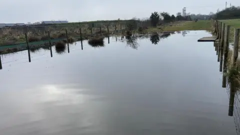 Supplied A flooded stretch of grassland at the reserve surrounded by fencing in late January. There are some houses further away.