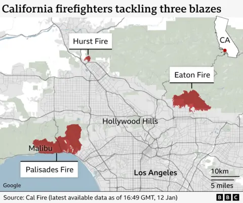 Thematic map "The California fires are burning three flames"shows the locations of the Palisades, Eaton and Hurst fires in Los Angeles.