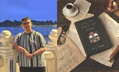 Contributor image Composite image - on the left is Mckenzy with a beach behind and on the right is his novel