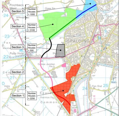 LCC a map showing 5 sections of a new road in different sections. 