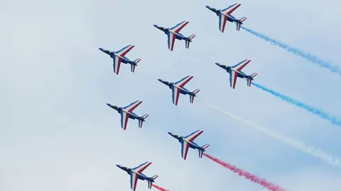 Getty Images Alphajet aircrafts of the French elite acrobatic flying team 'Patrouille de France' (PAF) release smoke in the colours of the French national flag as they perform a flying display during the public days of the 51st International Paris Air Show in Le Bourget, north of Paris, on June 20, 2015