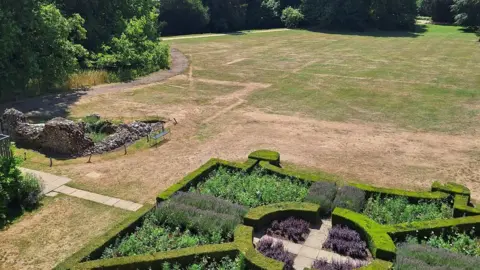 National Trust Parch marks on a lawn in front of a modern hedge garden.
