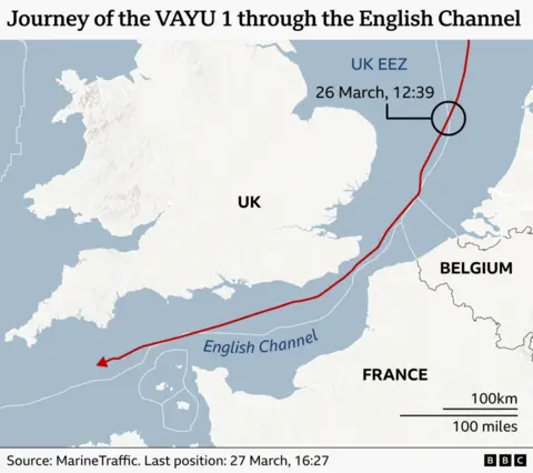 A map showing the journey of the VAYU 1 through the English Channel as of 16:27 on the 27 March. A red line shows its route.