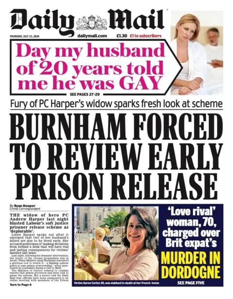 The headline on the front page of the Daily Mail reads: “Burnham forced to review early prison release”.