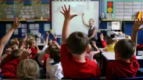 PA Primary school children raising their hands