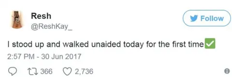 Twitter/@ReshKay_ Resham Khan on Twitter: "I stood up and walked unaided today for the first time."