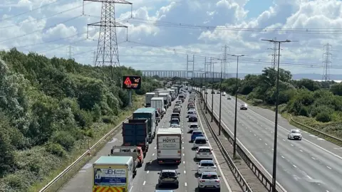 BBC Queues on the Wales side of the bridge