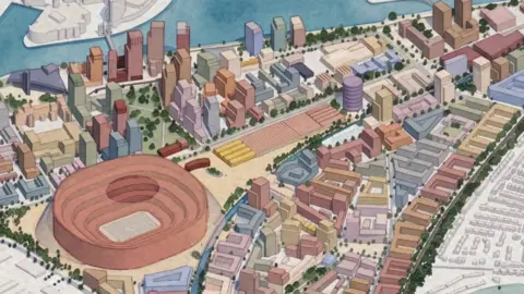 CGI image of the masterplan for the area around Old Trafford. The image shows the plans for new homes, with Salford Quays in the background.