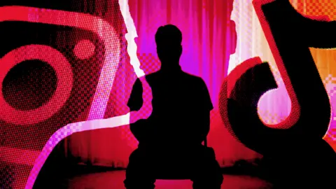 BBC/Getty images A designed graphic featuring a whistleblower pictured in silhouette in front of a curtain in the middle of the image, with the logos of Meta's Instagram and TikTok overlaid either side of him in bright tones of pink and orange. Another image of a silhouetted figure in close-up is overlaid in a subtle, negative space design.