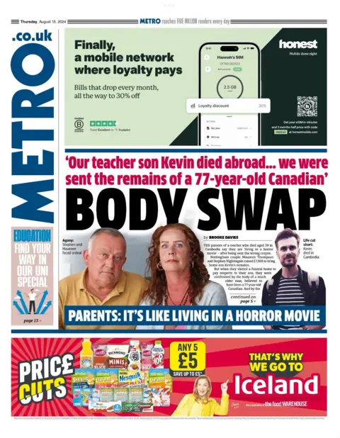 The headline on the front page of the Daily Express reads: "Our teacher son Kevin died abroad... we were sent the remains of a 77-year-old Canadian"