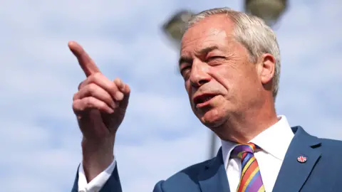 Reform UK leader Nigel Farage, pictured outside Havering Town Hall following the 2026 local election results in England