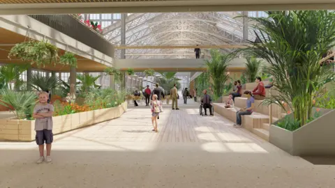 An artist's impression of what the inside of the Winter Garden's could look like after restoration. On the right has wooden seating with plants either side.  