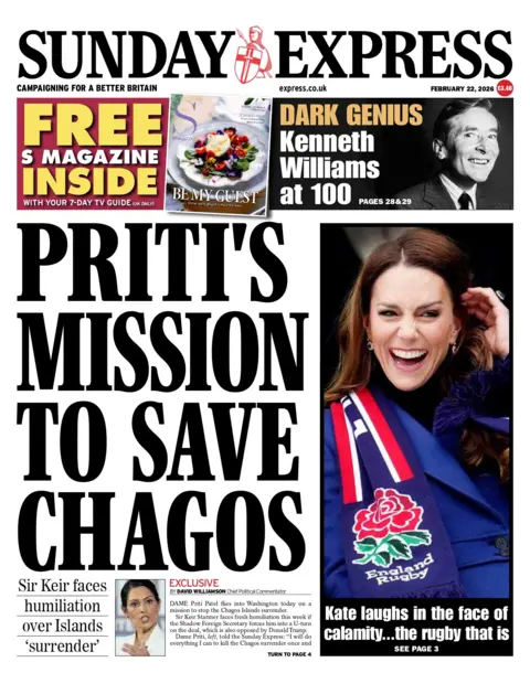 "Priti's mission to save Chagos", reads the headline on the front page of the Sunday Express.