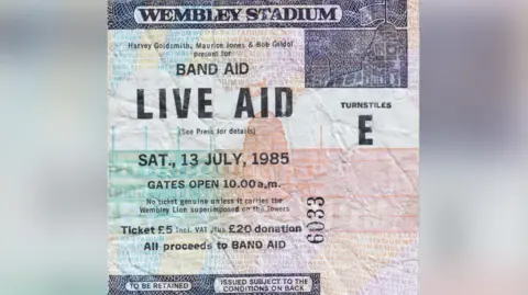 Sue Goddard's Live Aid ticket for the concert which was held on 13th July, 1985. 