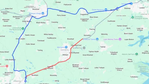 Google A map shows the A12 and A120 in Essex. The A12 is red to signify it will be inaccessible to the rest of the carriageway further north. 