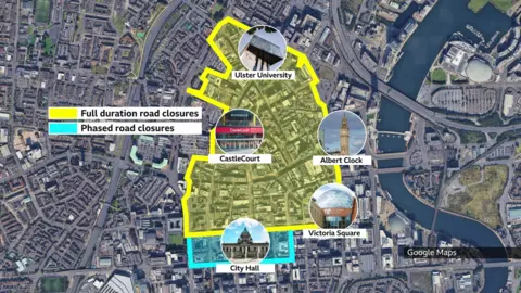 Google The city centre zone will be pedestrianised with road closures from 5am on Sunday and the yellow shaded area will be closed to traffic. the roads around the city hall in blue will be open some of the time closing on a phased basis if necessary. There will be changes to bus routes and drop off points.
