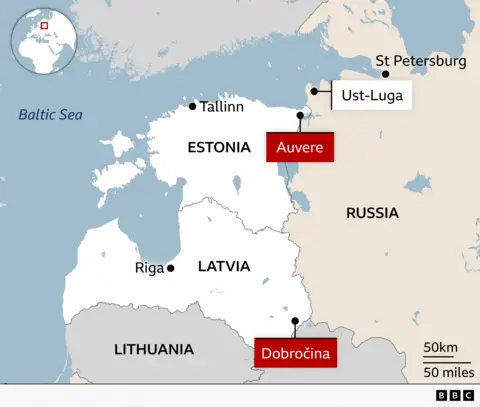 A regional map of northeastern Europe highlighting Estonia, Latvia, and parts of Lithuania and western Russia. Major cities are labelled, including Tallinn in Estonia, Riga in Latvia, and St Petersburg in Russia. Ust Luga in the north west of Russia is also labelled as are Auvere in Estonia and Dobročina in Latvia. A small inset globe in the top left indicates the region’s location in northern Europe.