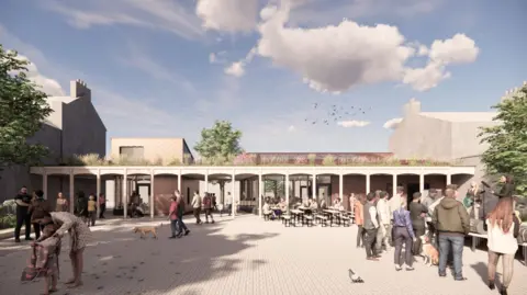 A CGI of how the community centre in Egremont will look. It is a long building made of lots of archways. People are sitting outside on tables while others are gathered to watch a band play music.
