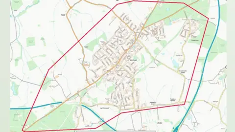 Essex Police An map of Epping with a red line in a roughly diamond shape showing the extent of the police dispersal area around the town. 