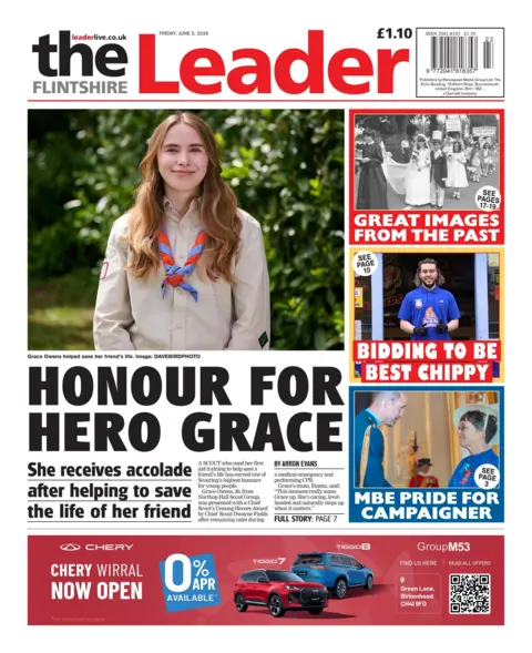 Flintshire Leader Front page of The Flintshire Leader with the splash headline "Honour for Hero Grace" and a photograph of a girl in a Scout uniform with long red hair. Other headlines on the page include: "Great images from the past"; "Bidding to be best chippy"; and "MBE pride for campaigner".