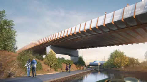 An artist impression of a bridge over a canal with people walking along it.