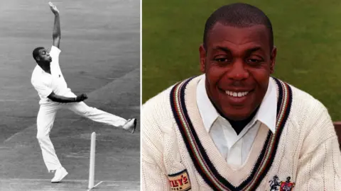 A composite image of Syd Lawrence. On the left, an old black and white image of him mid-bowl with the wicket and crease in front of him. On the right, a more recent colour image of him smiling into camera. He's wearing a cream-coloured woollen top and white shirt.