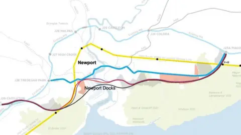 IWA/CILT A map with proposed routes in different colours.