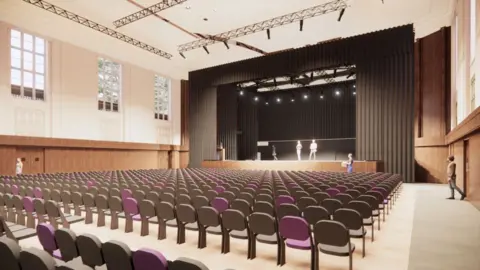 Watford Borough Council An artist's impression of what the renovated Watford Colosseum could look like. It shows an auditorium with grey and purple chairs in rows, a stage, with three people on it, three other people standing in the room and light rigs above. The room has three large windows on the right hand side.