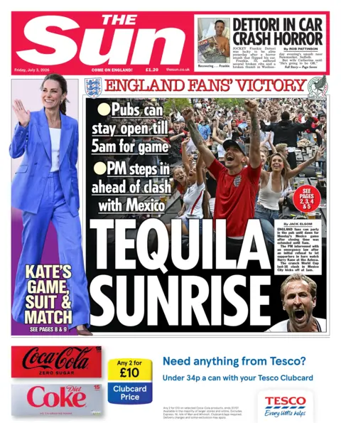 "Tequila sunrise" reads the headline on the front page of the Sun.